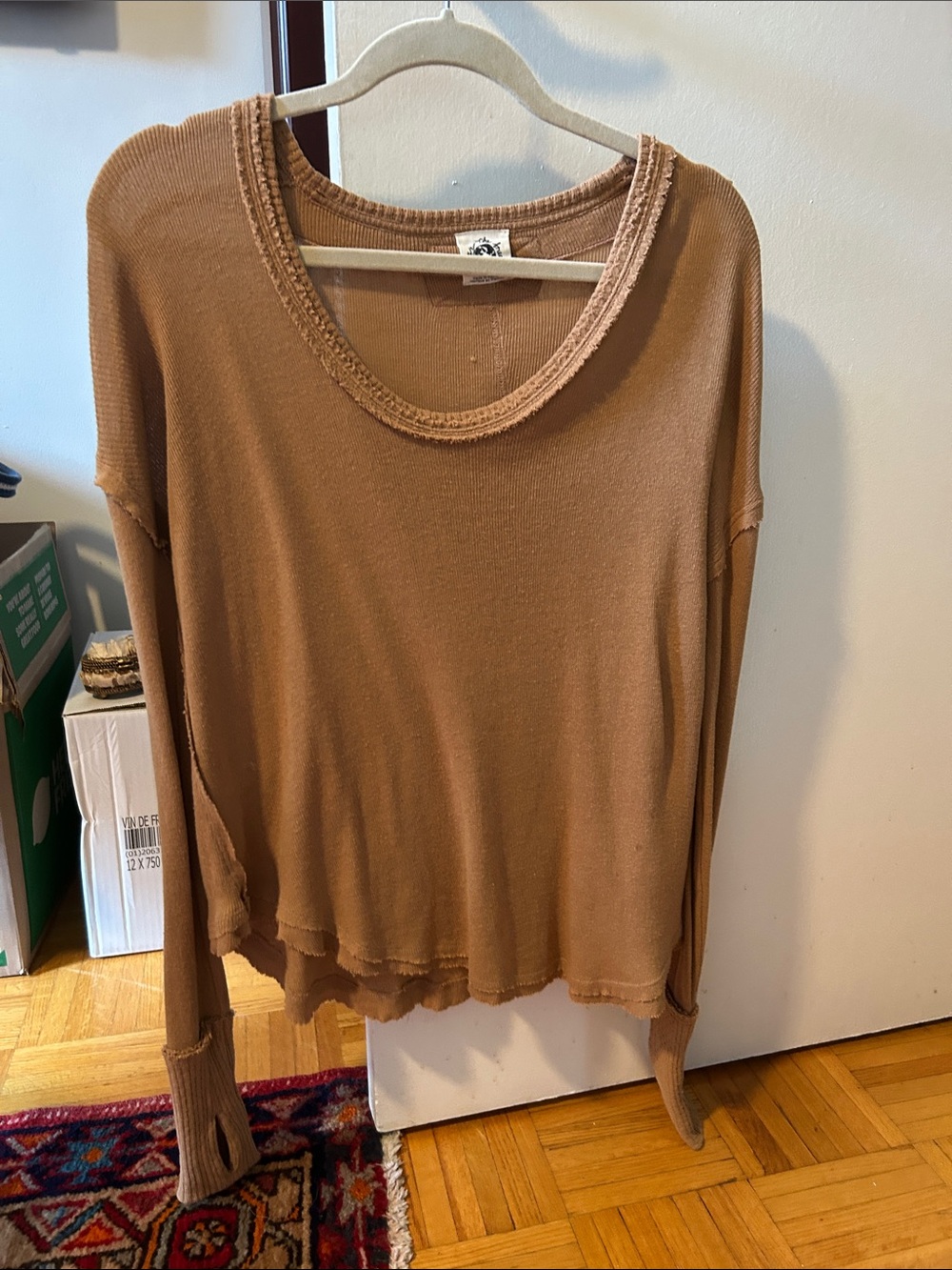 Free People Long-Sleeve Raw-Edge Top in Camel Brown